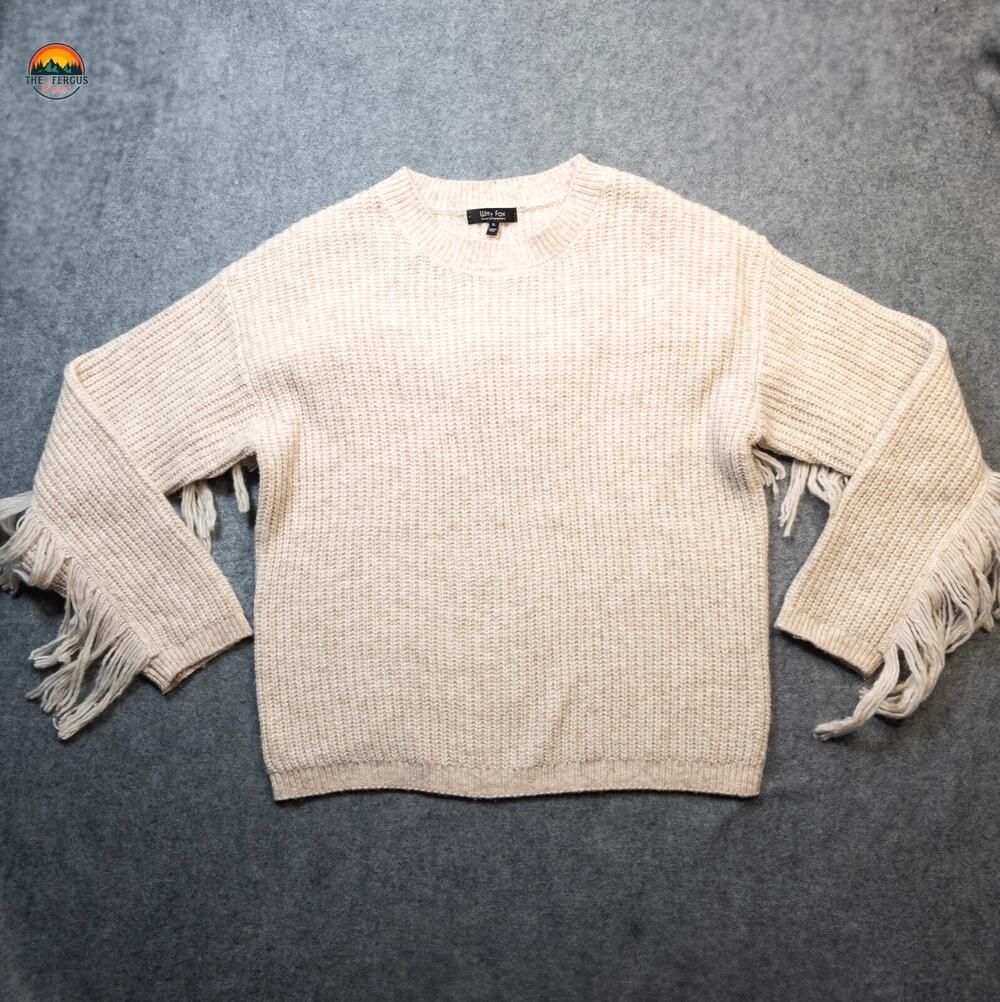 Witty Fox Pullover Sweater Beige Long Sleeve Fringe Crew Neck Women's Size XL